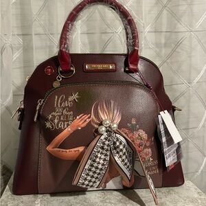 Nicole Lee Burgundy Handbag with Artistic Design
